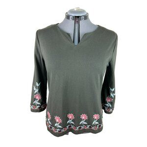 Chico's Blouse Women's 1 Medium Floral Embroidered Bohemian Green